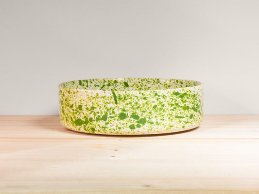 Green and white patterned bowl on a wooden surface with a light gray background
