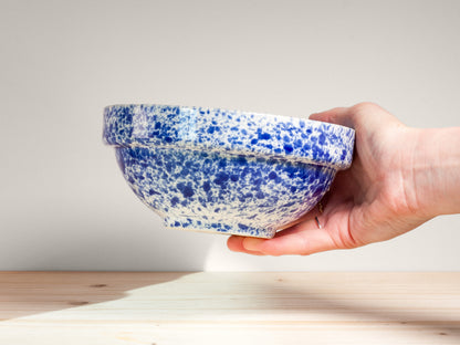 Hand holding a blue and white speckled ceramic bowl against a neutral background