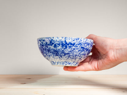 Hand holding a blue and white ceramic bowl against a plain background