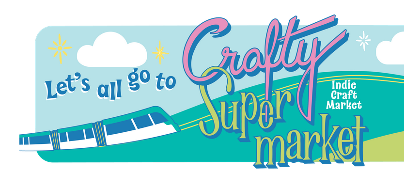 Logo for Crafty Supermarket with a train and cloud design on a blue background