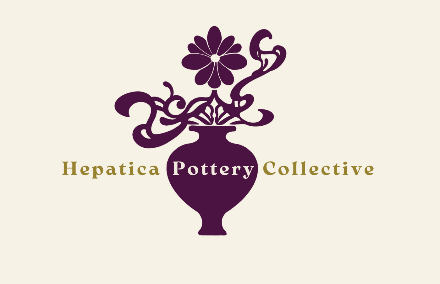 Logo of Hepatica Pottery Collective with a decorative purple vase and flower on a beige background